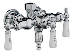 Photo of old style clawfoot leg tub faucet, shown in chrome