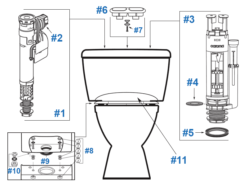 Parts diagram for Sydney low-profile two-piece toilets - tank #622330