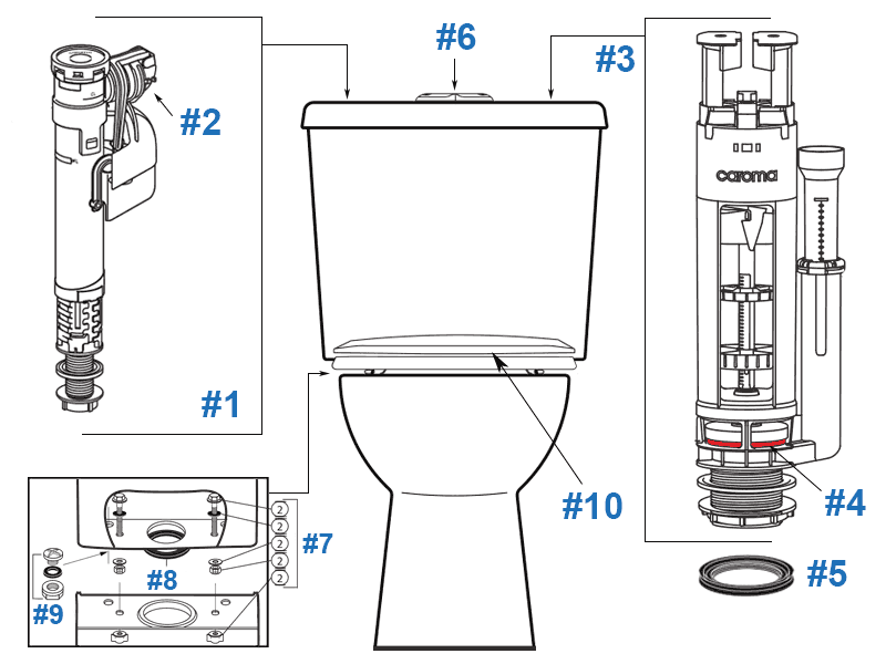 Parts diagram for Sydney Smart Point 8 two-piece toilets - tank #622328