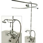 Clawfoot shower enclosure with elephant spout tub filler and handshower