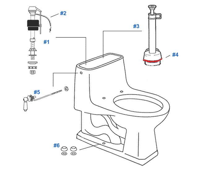 Parts diagram for Mansfield one-piece older style 1.6gpf Portobello toilets