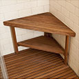 Teak corner-mounted bench with shelf