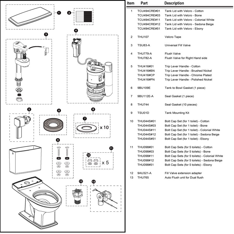 Parts diagram for Connelly one-piece toilets with tank number ST494MAR