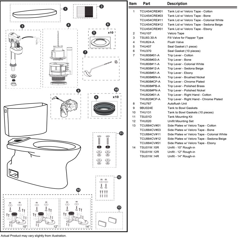 Parts diagram for Vespin II toilets with tank ST454ERA