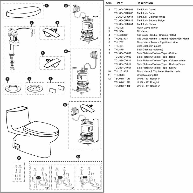 Toto Toilet Repair Parts for the Model MS614114CUFG Toilet.