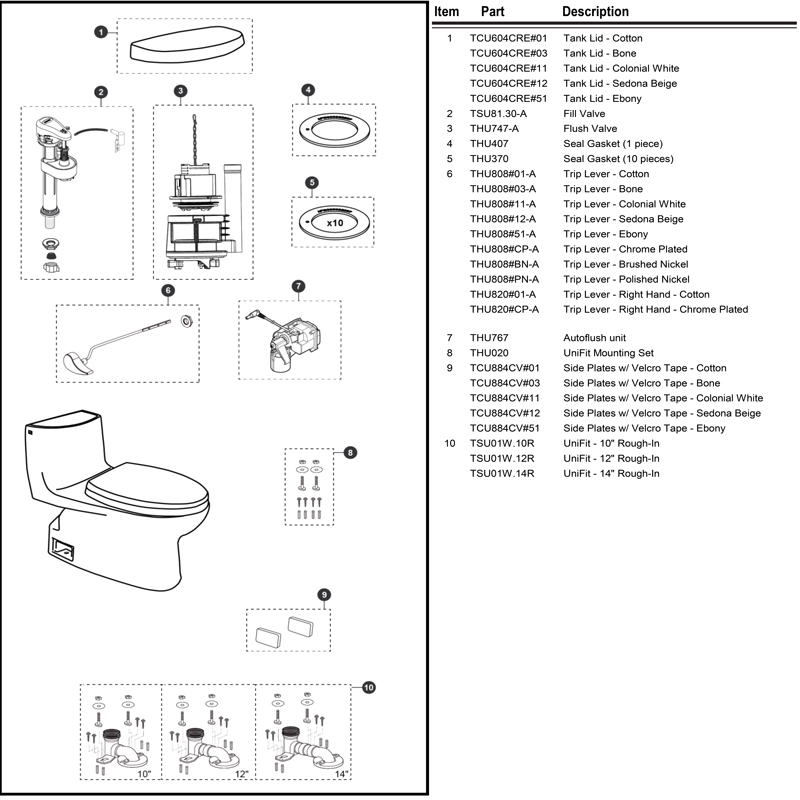 Toto Toilet Repair Parts for the Model MW6143074CEFG Toilet.