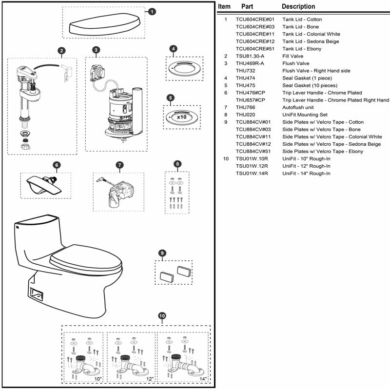 Toto Toilet Repair Parts for the Models MW6143074CUFG & MW6143084CUFG & MW6143046CUFGA & MW6143056CUFGA Toilets.