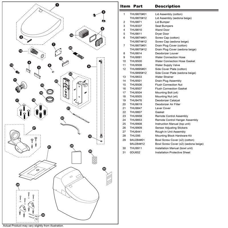 Parts diagram for Washlet two-piece toilets